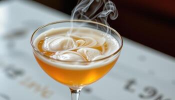 a fancy cocktail with a smoky bubble on top. photo
