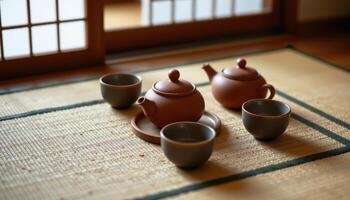 a tea set with three cups and a clay pot on a tatami mat. photo