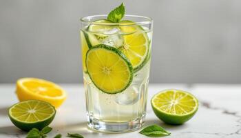 a fresh lime soda with fizzing bubbles and citrus slices. photo