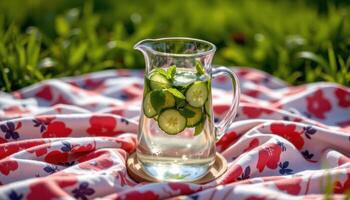 a pitcher of cucumber mint water on a picnic blanket. photo