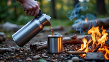a thermos pouring tea into a metal camping cup near a campfire. photo