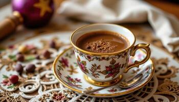 a cup of turkish coffee in an ornate porcelain cup. photo