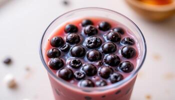a bubble tea with black tapioca pearls in a clear cup. photo