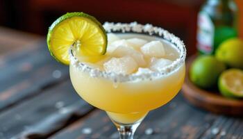 a frozen margarita with a salt rim and lime wedge. photo