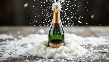 a bottle of champagne mid pop with foam spilling over. photo