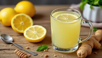 a honey lemon drink in a glass mug beside sliced ginger. photo