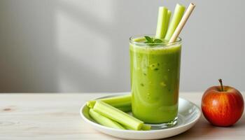a detox juice with green apple and celery sticks on a white plate. photo