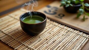 a cup of green tea on a bamboo mat with steam rising gently. photo