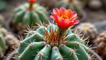 a cactus with a rare, vibrant flower blooming at the top. photo