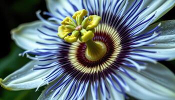 a macro image of a passionflower with intricate patterns. photo