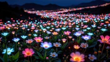 a surreal landscape of glowing bioluminescent flowers at night. photo