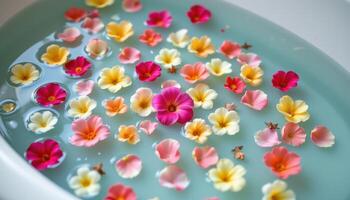 a scattered arrangement of flower petals in bath water. photo