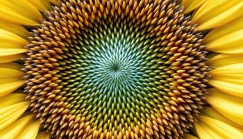 a sunflower close up showing its spiral seed pattern. photo