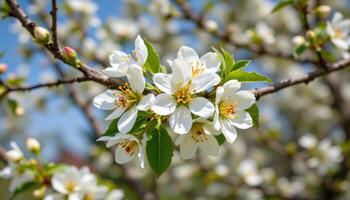 a blossoming apple tree branch with soft white petals. photo