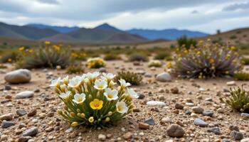 a desert bloom of rare flowers emerging after rain. photo