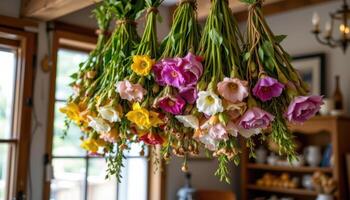 a bunch of dried flowers hanging upside down in a rustic room. photo