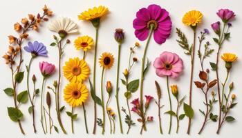 a collection of pressed flowers arranged artistically on paper. photo