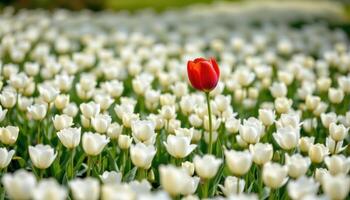 a single red tulip standing out in a white flower field. photo