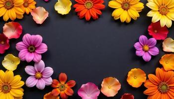 a stylized flat lay of colorful flower petals on black background. photo