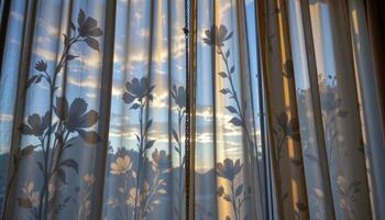 a shadow play of floral silhouettes on a curtain at dusk. photo