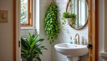 a compact bathroom corner with hanging pothos and bamboo. photo
