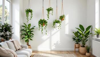 a living room corner with multiple hanging plants at varying heights. photo