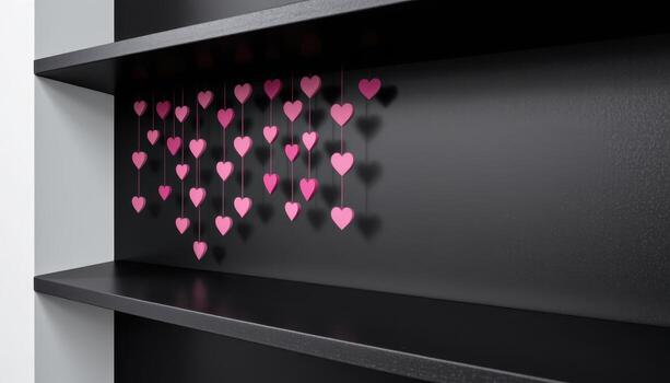 a string of hearts trailing down a matte black shelf. photo