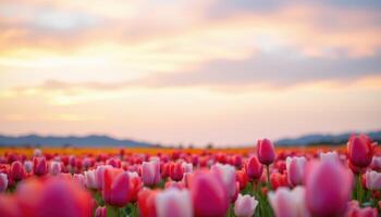 a soft focus shot of tulip fields under a pastel sky. photo