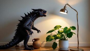 a monstera in a modern pot next to a floor lamp. photo
