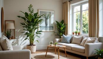 a tall dracaena in a corner of a cozy living room. photo