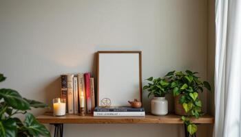 a cozy shelf with books, candles, and small leafy houseplants. photo