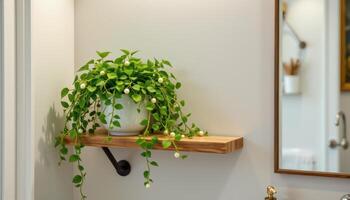 a bathroom shelf with trailing string of pearls plant. photo