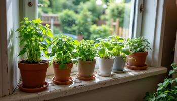 a line of potted herbs and small greens along the kitchen windowsill. photo