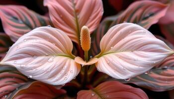 a peace lily with water droplets on its wide leaves. photo