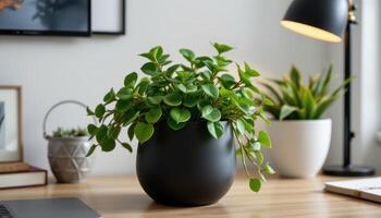 a jade plant in a matte black pot on a sleek desk. photo