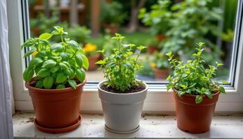 a windowsill garden with basil, thyme, and oregano in pots. photo