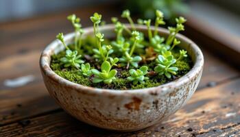 a ceramic bowl holding tiny air plants. photo