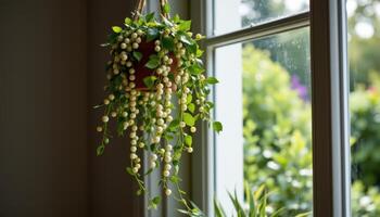 a hanging string of pearls plant near an open window. photo