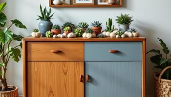 a mid century cabinet topped with succulents. photo