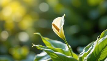 a peace lily blooming in soft morning light. photo