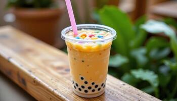 a bubble tea in a plastic cup with colorful tapioca. photo