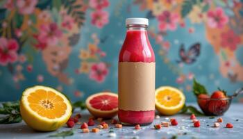 a smoothie bottle with a paper label and tropical colors. photo