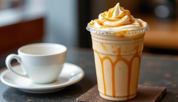 a caramel iced coffee in a tall takeaway cup. photo