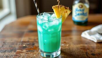 a blue lagoon mocktail with pineapple garnish. photo