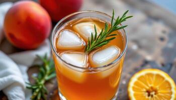 a peach tea with ice cubes and rosemary sprig. photo