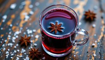 a glass of hot mulled wine with star anise. photo