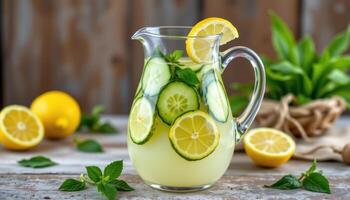 a rustic jug of lemon water with cucumber slices. photo