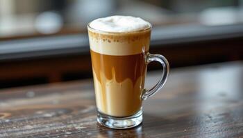 a layered coffee drink with milk foam and espresso. photo