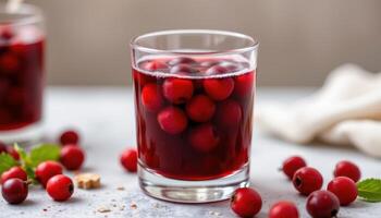 a glass of cranberry juice with whole cranberries inside. photo