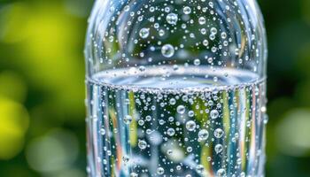 a glass bottle of mineral water with condensation drops. photo